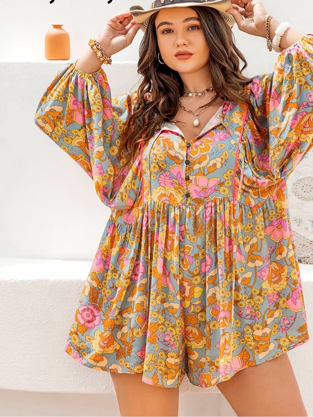 Boho Floral Peasant Top in Multi-Color